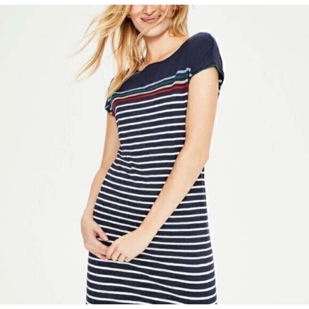 Boden Paulina Stripe Navy White 100% Cotton T-Shirt Dress/Top US 14L Pockets